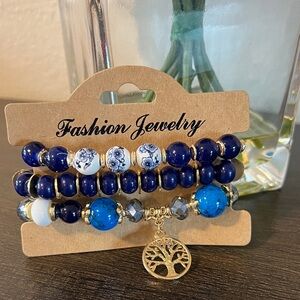 Fashion Jewelry Blue and Gold Beaded Bracelet Set